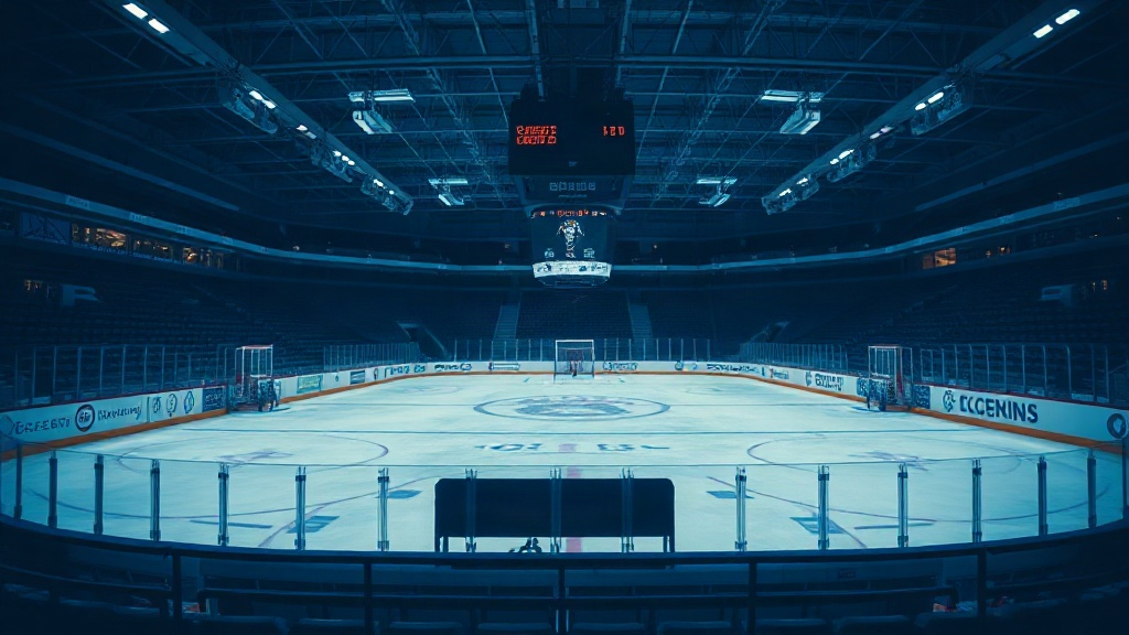 Blue-hour hockey arena light across empty ice